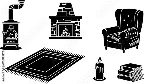 Cozy Winter Cabin Icons. Solid style icons of Winter Cabin: Wood Stove, Fireplace, Rug, Chair, Blanket, Candle, Stack of Books,
