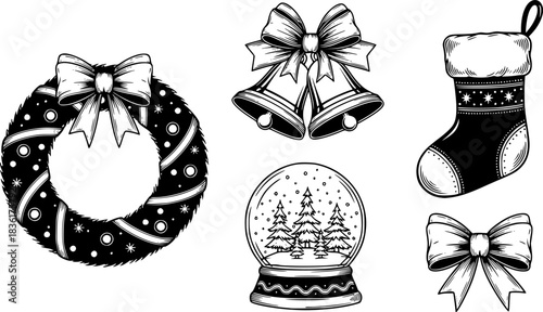 Vintage festive holiday ornaments and botanical elements flat icon collection design
