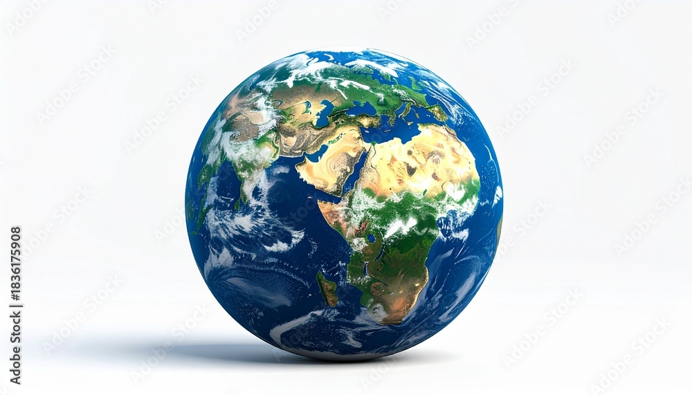 Fototapeta premium A digitally rendered Earth showing North and South America with cloud formations, oceans, and landmasses on a white background.