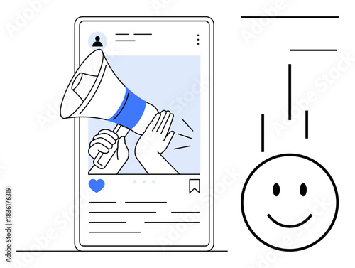Social media communication. A megaphone with a smartphone interface highlights effective social media communication. Social media engagement with marketing, outreach, content creation, and branding