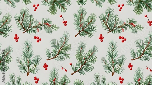 Luxury Christmas Pine Branches and Berries Seamless Pattern