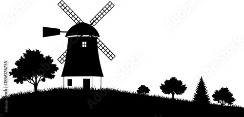Vector art of silhouette of a windmill and trees on a hill

