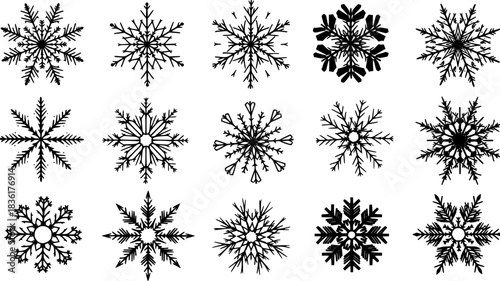 Variety of Black Silhouette Snowflake Icons for Winter Themes cold
