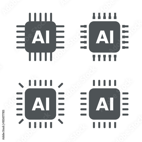 Four stylized ai chip icons representing artificial intelligence technology and processing power