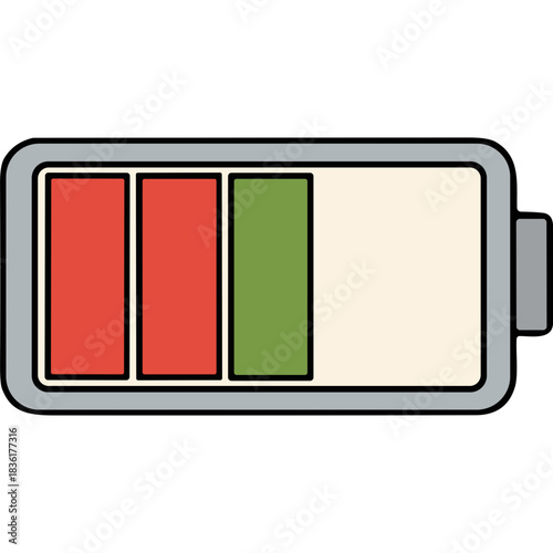 Stylized illustration of a battery charge indicator showing partial power with red and green sections against a plain background
