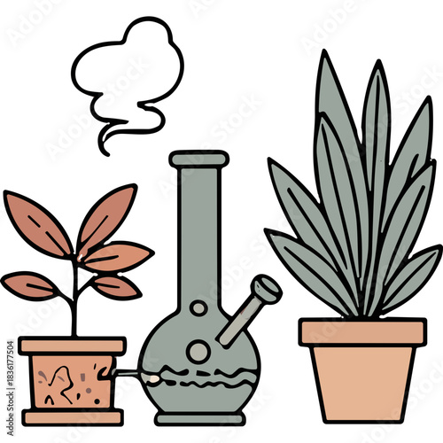 Stylized illustration of a water pipe and potted plants in muted earth tones on a black background with abstract smoky effects symbolizing relaxation and home decor