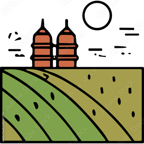 Stylized Illustration Of Two Industrial Oil Storage Tanks Situated Above Rolling Hills With A Dark Sky And Stars Above