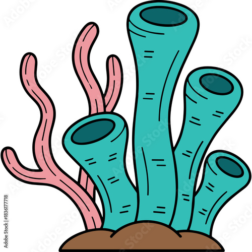 Stylized Illustration of Vibrant Teal Tube Sponges and Delicate Pink Seaweed Growing on Sandy Seabed Against a Black Background Cartoon Style