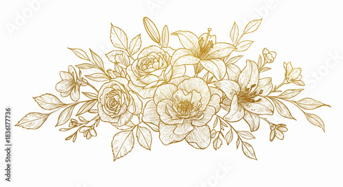line art illustration of a floral arrangement in gold on white background with copy space