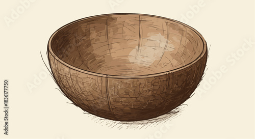 sketch illustration of a wooden bowl on light background with copy space