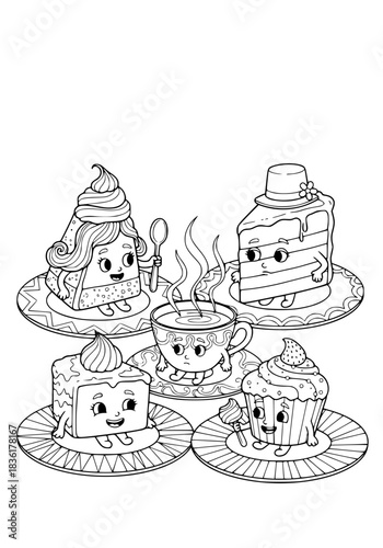 anthropomorphic pieces of cake and a cup of tea. coloring book