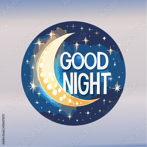 A circular graphic with a golden crescent moon, sparkling stars, and "GOOD NIGHT" text on a dark blue sky background.