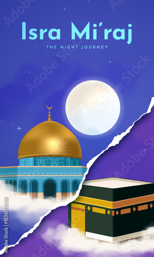 Isra Miraj 2026 Poster with Dome of the Rock and Kaaba Revealed Through Torn Paper Effect Under Moonlit Sky