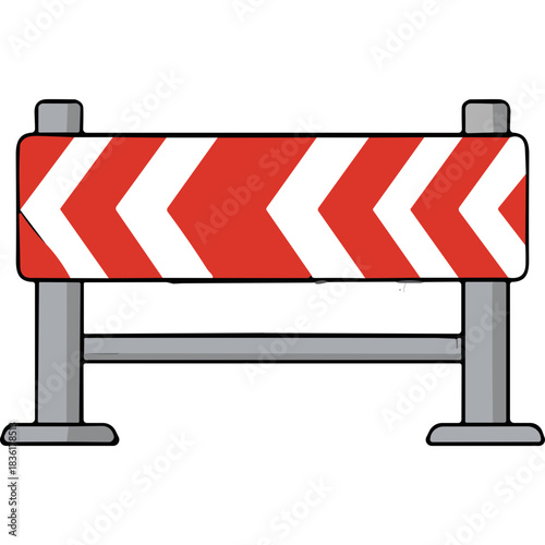 Red and White Chevron Patterned Construction Barrier with Gray Metal Legs and Base on a Black Background