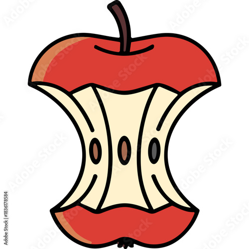 Red Apple Core with Visible Seeds Against Black Background Vibrant Healthy Food Remnant Minimalist Graphic Design Simple Illustration
