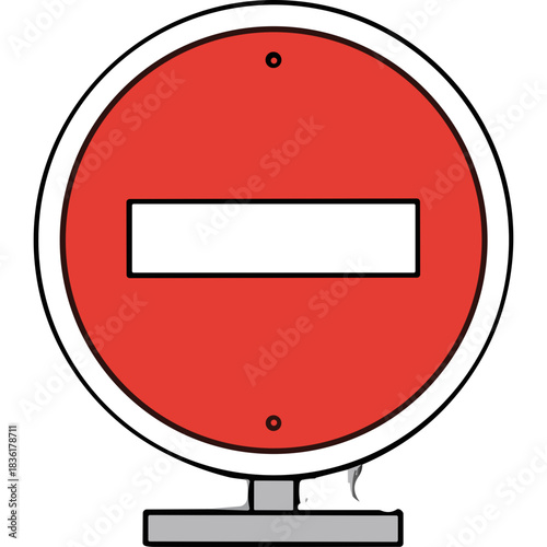 Red Circular Road Sign Indicating No Entry With White Horizontal Bar Isolated On Black Background With White Border And Grey Stand Traffic Control Symbol