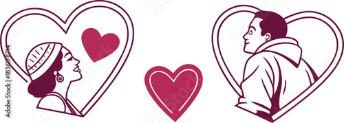 Stunning romantic couple portraits framed within elegant hearts perfect for Valentine's Day design projects