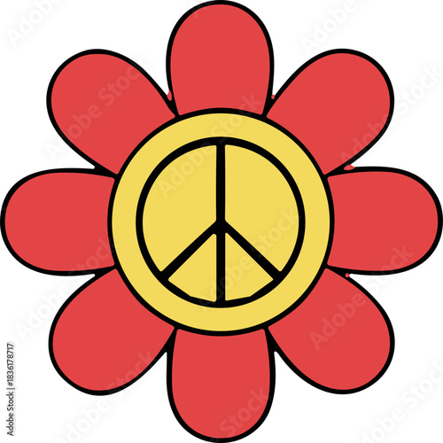 Red Flower with Yellow Peace Symbol Center Against Black Background Graphic Design