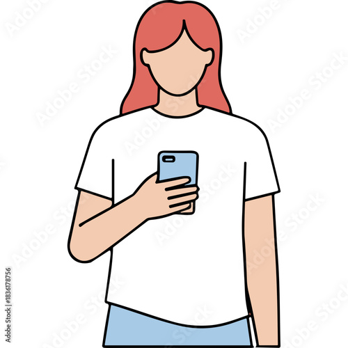Red Haired Person Wearing White T Shirt Holding Light Blue Smartphone On Black Background With Minimalist Style