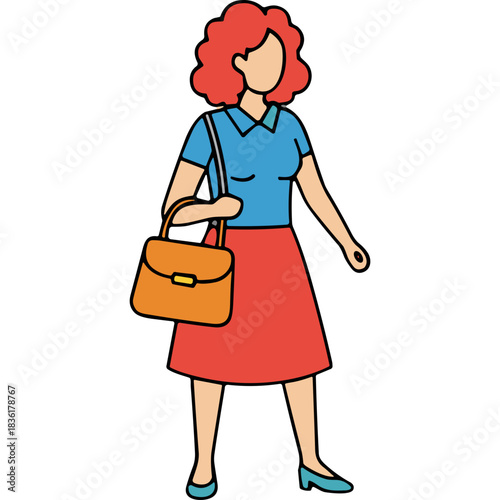 Red Haired Woman Carrying Orange Handbag Wearing Blue Polo Shirt and Red Skirt Standing on Black Background