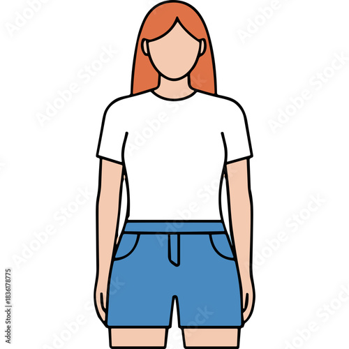 Red Haired Woman Standing Front View Wearing White T Shirt and Blue Denim Shorts Against Black Background Full Body Minimalist Pixel Art Style Illustration