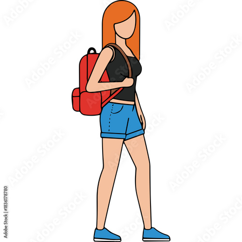 Red Haired Woman With Backpack Walking Wearing Black Tank Top Blue Denim Shorts And Blue Sneakers Isolated On Black Background