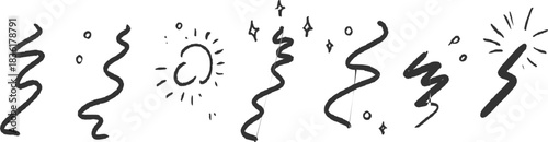 Hand drawn black confetti streamers and sunbursts on white background celebration party