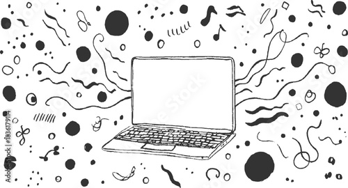 Hand drawn black and white laptop surrounded by abstract doodles and musical notes computer technology