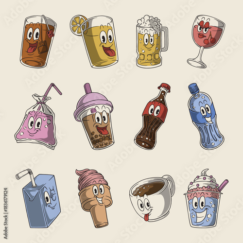 Retro Cartoon Funny Beverages Mascot Bundle