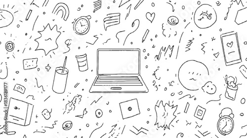 Hand drawn doodle art of a laptop surrounded by various icons and shapes drawing sketch