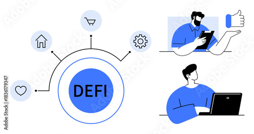 Finance, cryptocurrency, digital economy, technology, remote work, blockchain. Circular DEFI diagram with icons and people using digital devices. Finance and cryptocurrency concept