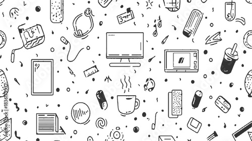 Hand drawn doodle pattern of office supplies and drinks on white background vector