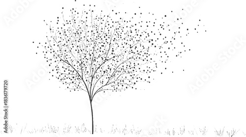 Black ink drawing of a bare tree with scattered dots and grass white