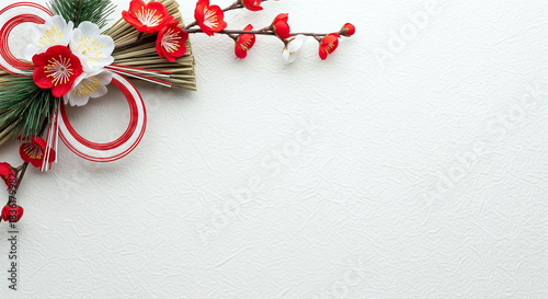 ミニマルな梅の注連飾り、日本の新年をイメージするフレーム素材（コピースペース・余白・背景・壁紙）