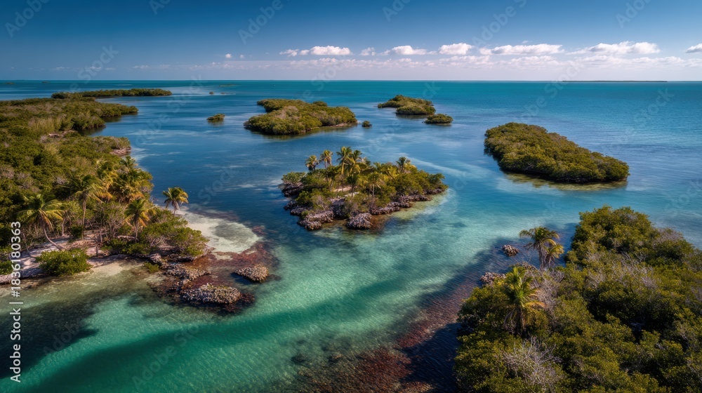 Fototapeta premium Tropical Coastline Landscape in Florida Keys With Turquoise Water, Palm Trees, and Islets Under Sunny Weather on a Clear Day