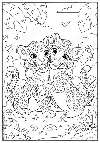 leopard cubs are fighting. coloring book