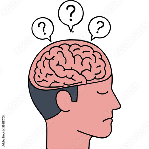 Thoughtful Person With Open Head Showing Brain And Question Marks Above Head Representing Confusion Or Uncertainty In A Simple Flat Design Style