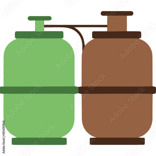 Two Large Industrial Gas Cylinders Connected by a Tube in Green and Brown Colors Isolated on a Black Background