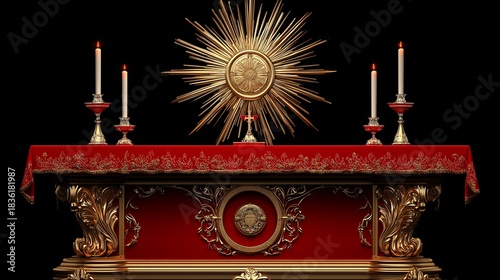 Ornate Golden Altar with Red Cloth and Lit Candles