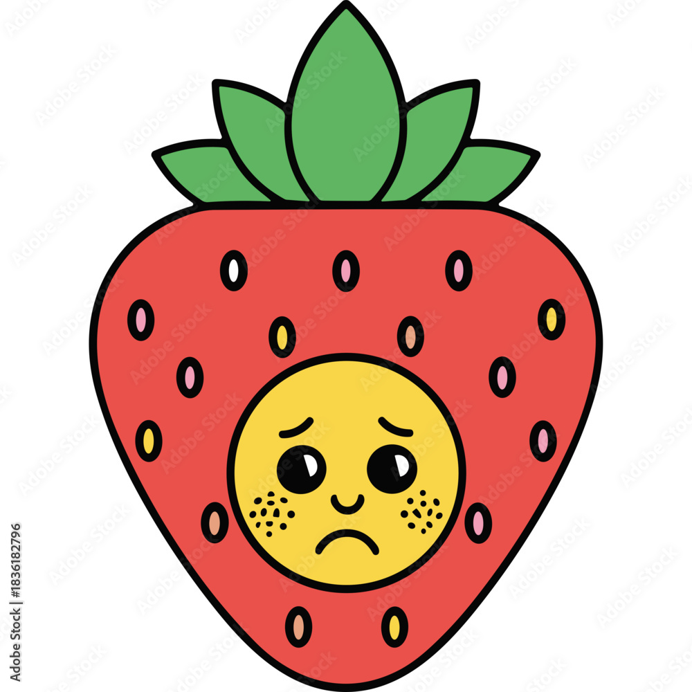 Obraz premium Sad Strawberry Character Fruit with Green Leaves and Red Skin with Black Seeds and Yellow Face with Freckles and Dark Eyes and Mouth Looking Down
