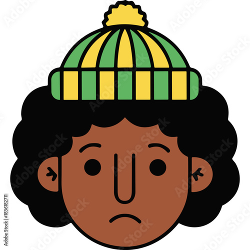 Sad Person Wearing A Striped Winter Hat With A Yellow Pom Pom In A Minimalist Style With A Black Background
