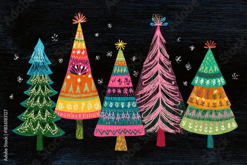 Colorful illustrated Christmas trees in various styles and patterns, set against a dark background, creating a festive and cheerful holiday atmosphere with vibrant designs