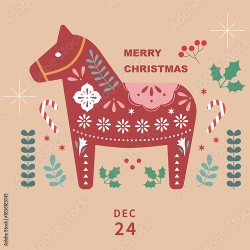 Christmas template with ornaments and figurine horse.