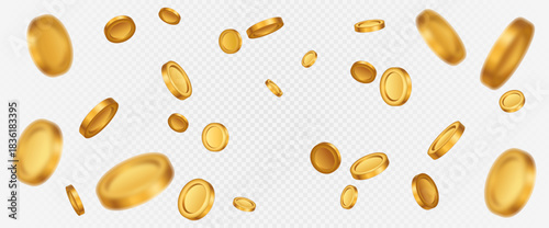 Vector gold coins fall from the sky. PNG money, png coins. Explosion of coins on isolated transparent background. Easy Money. Vector 10 eps.