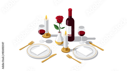 Elegant dinner setting with wine, candles, and rose in isometric style