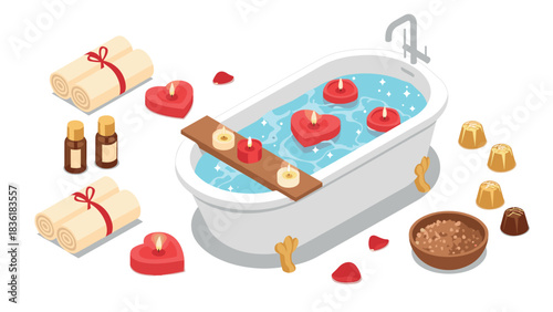 Romantic spa bath with candles and aromatherapy setup in isometric style