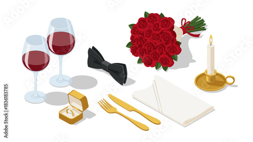Romantic dinner setup with roses, wine, and candlelight in isometric style