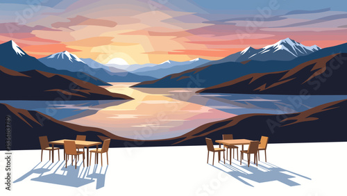 Tranquil mountain lake sunset with scenic landscape and outdoor seating