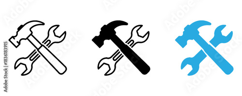 Crossed hammer and wrench icons in three different colors