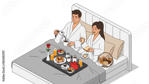 Morning breakfast in bed with smiling couple in stylish isometric design